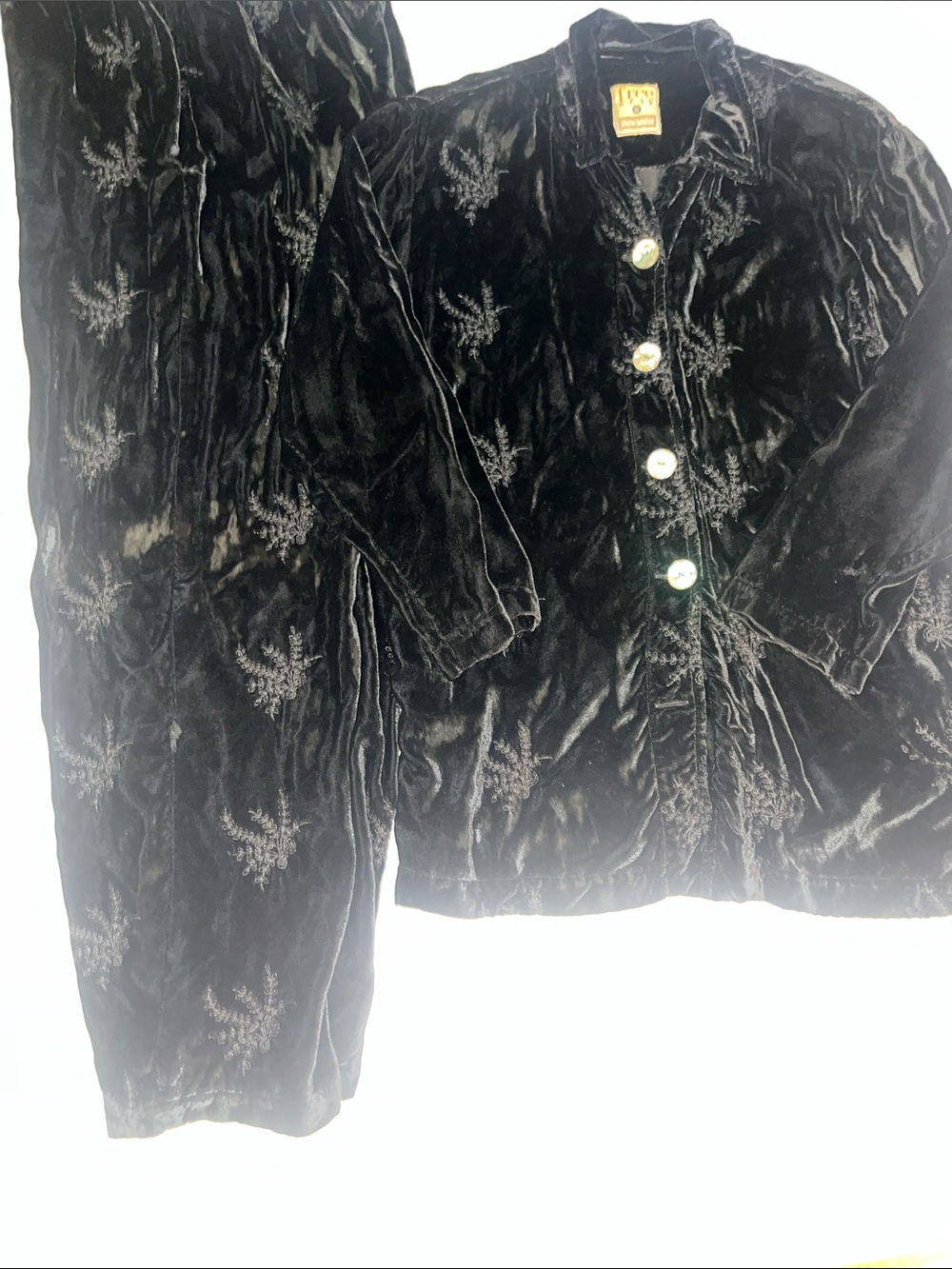 Vintage Free Wear Velvet Embroidered Button-Front Jacket - Black Pants Suit Sz M